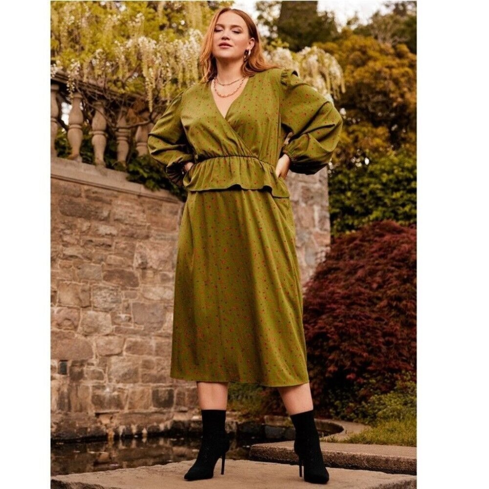 SALE NEW ELOQUII Long Sleeve Peplum Midi Dress Green Fall Print Sz 24 NWT